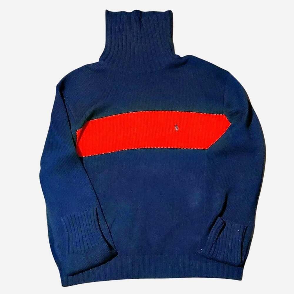 Polo by Ralph Lauren Turtleneck Size L Blue Red Striped Cotton Sweater